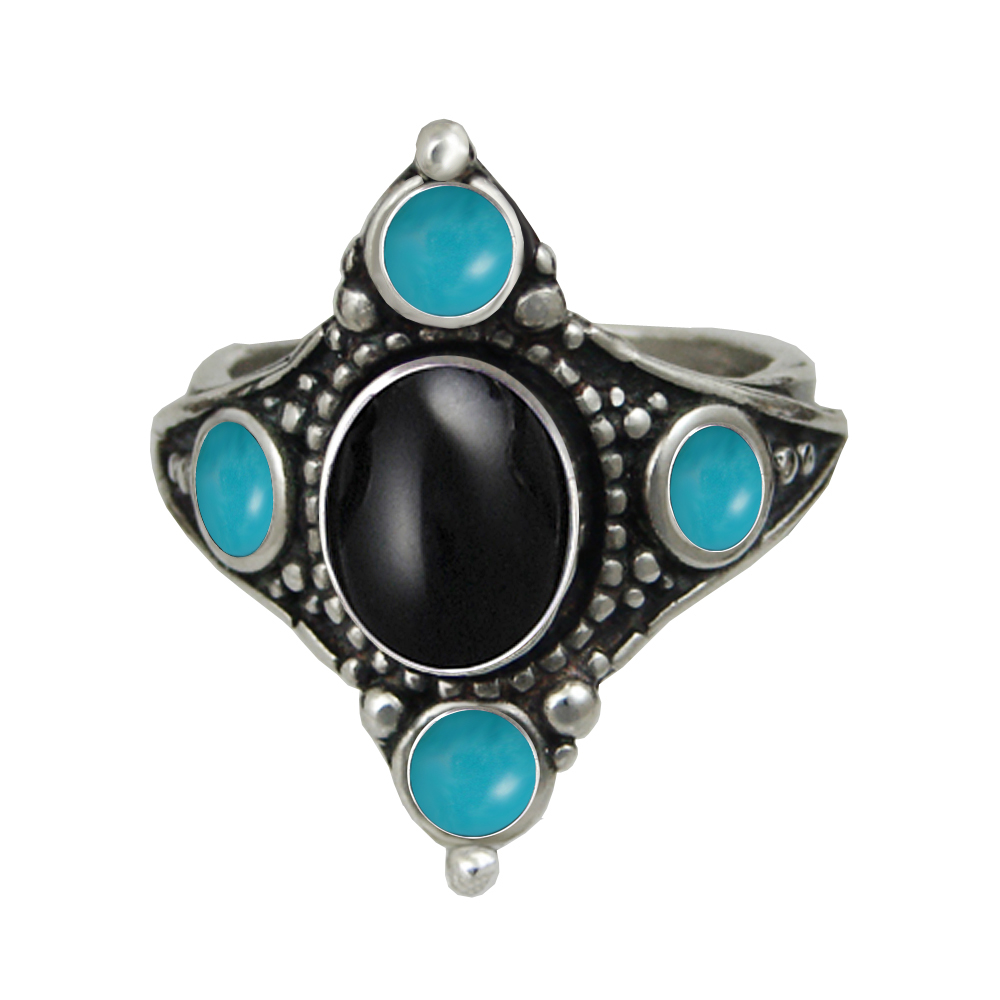 Sterling Silver Renaissance Queen's Ring With Black Onyx And Turquoise Size 10